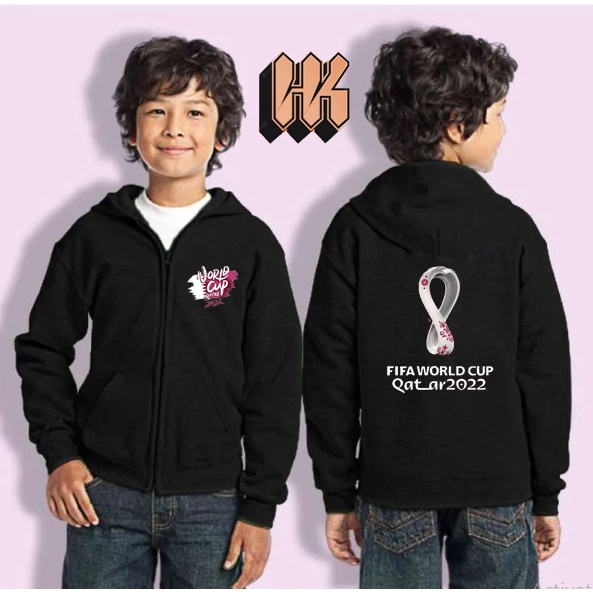 Jaket  Hoodie Zipper Bayi & Anak  World Cup Qatar 2002 - Hitam , L