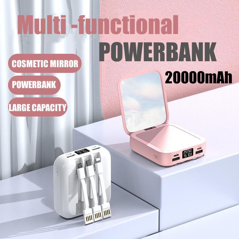 Power Bank 20000mAh Fast Charging with 3 Kabel Data Real Capacity Mini Dual USB Portable Make-up Mirror