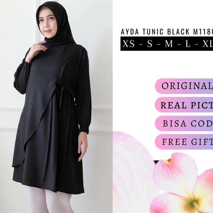 Tunik wanita muslim tunic hitam polos XS / S / M / L / XL AYDA M1180 Termurah