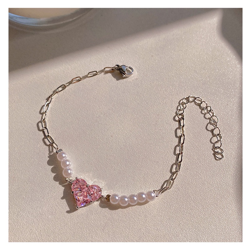 Gelang Mutiara Zircon Bentuk Hati Warna Pink Gaya Korea Untuk Wanita