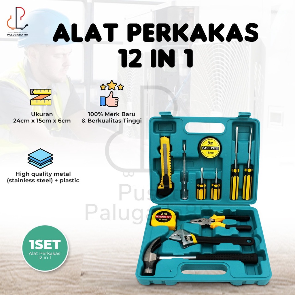 Alat Pertukangan 12 in 1 Kunci Set 12pcs Hand Tools Set Rumah Otomotif Perkakas ToolKit ToolSet Toolbox Obeng Tang Palu