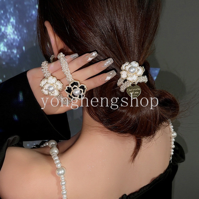 Ikat Rambut Ponytail Elastis Aksen Mutiara Camellia Untuk Wanita