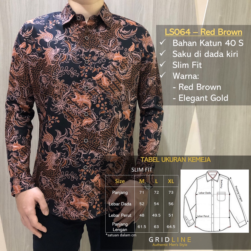 [GRIDLINE - LS064 Elegant Gold &amp; Red Brown] Kemeja Lengan Panjang Batik Slimfit Pria Katun