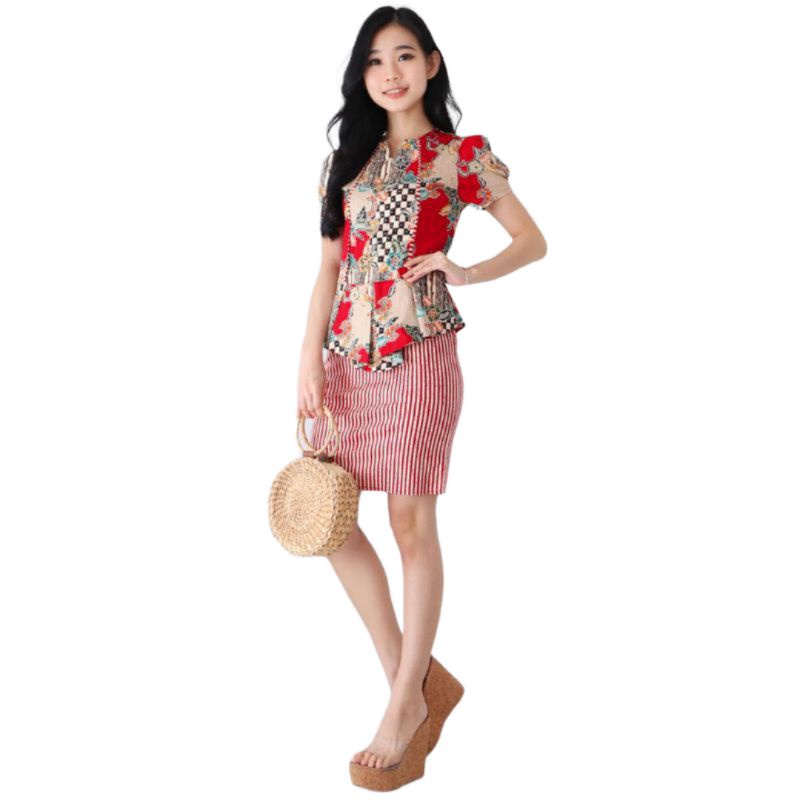 BATIK WANITA - DRESS BATIK WANITA 003-636 RED - bahan batik stretch