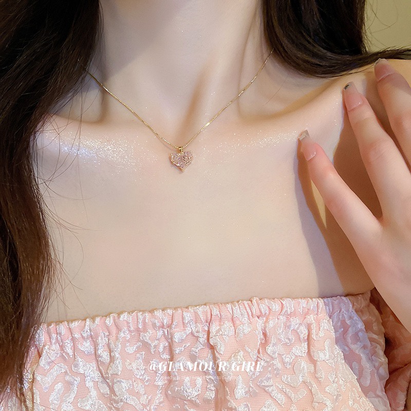 YEEZII Kalung Choker Rantai Emas Hias Kristal Hati Pink Untuk Wanita