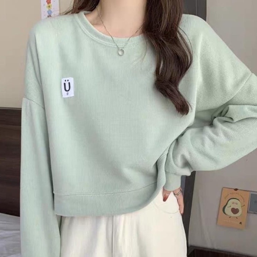 Sweater Crop Wanita Give U Smile - Korean Style Sweatshirt - Baju Wanita Basic U Crope Terbaru - Bahan Fleece - Ukuran Allsize