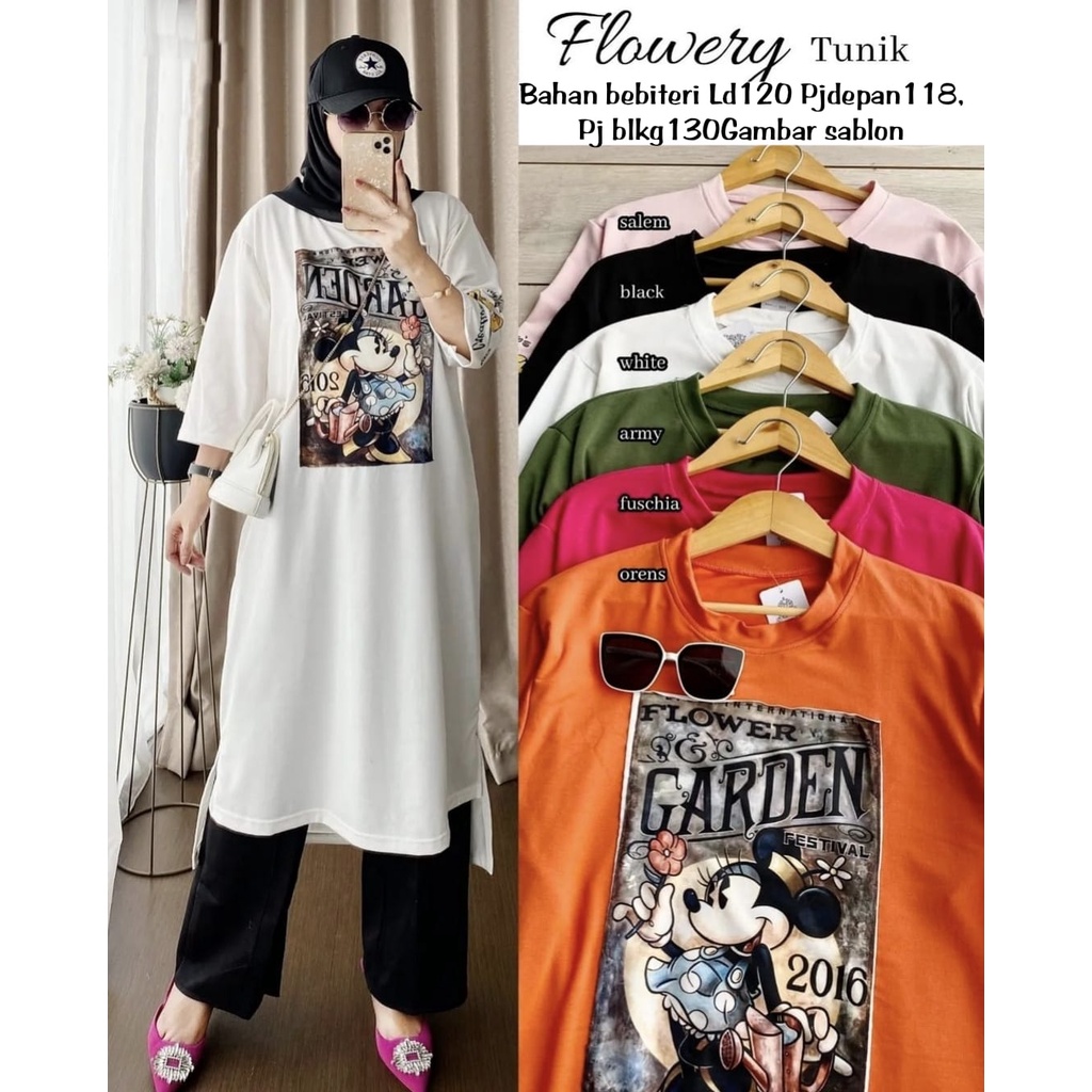 FLOWERY LONGTUNIK FASHION PAKAIAN WANITA BAHAN BABYTERRY JUMBO BIGSIZE MS