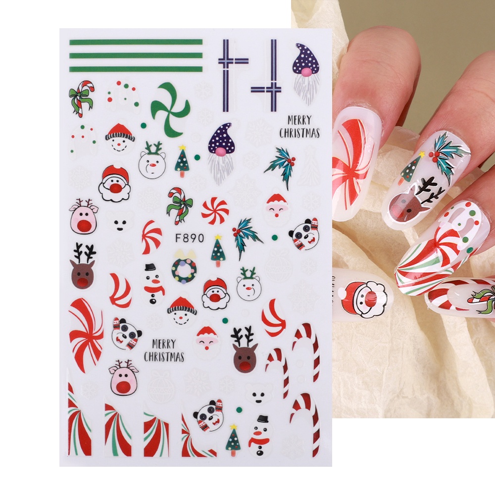 1 Lembar Stiker Kuku 3D Desain Kartun Snowflake Santa Claus Penguin Rusa Natal Untuk Dekorasi Nail Art