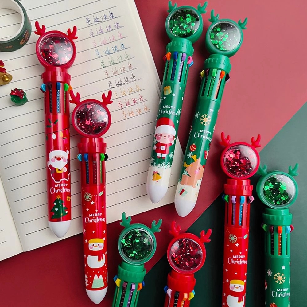 Pulpen 7 Warna Motif Kartun Santa Claus / Rusa / Rusa Aksen Payet Multifungsi Untuk Perlengkapan Kantor