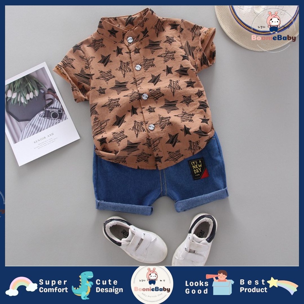 boonie SET KEMEJA BELGIAN STARS EBV Setelan Kemeja Bayi Laki-laki Lengan Pendek celana softdenim