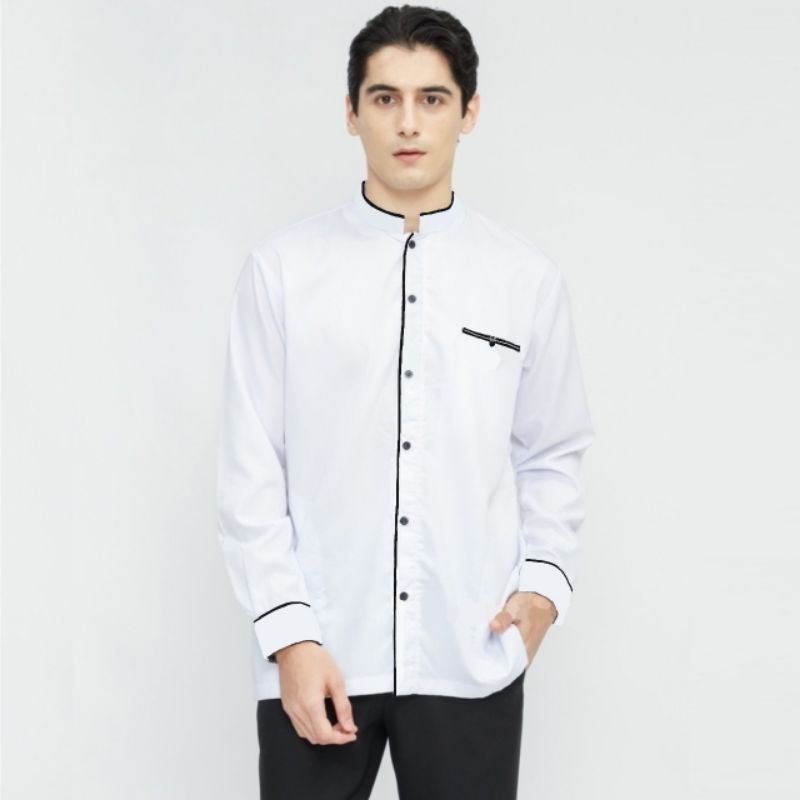 Baju Koko Pria Lengan Panjang Original Elrumi Motif LC / Baju Koko Polos Warna Coklat Dan Putih - Bu