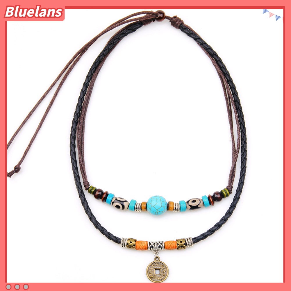 Kalung Choker Multilayer Dengan Liontin Koin Manik-Manik Turquoise Imitasi Untuk Pria