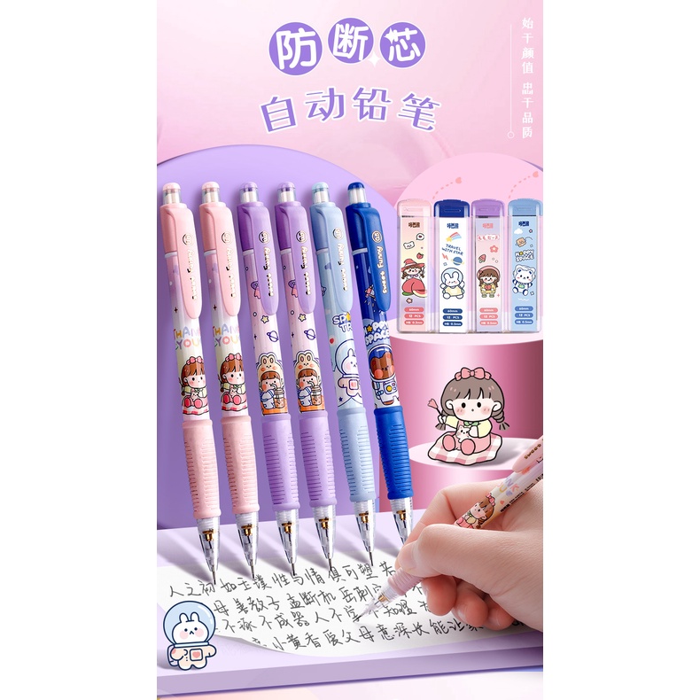 Set Pensil cetekan pensil refill isi ulang pencet mekanik pink biru astronot anak gambar Mechanical Cetekan Pastel biru ungu purple blue hadiah alat tulis menulis lucu cute imut penghapus