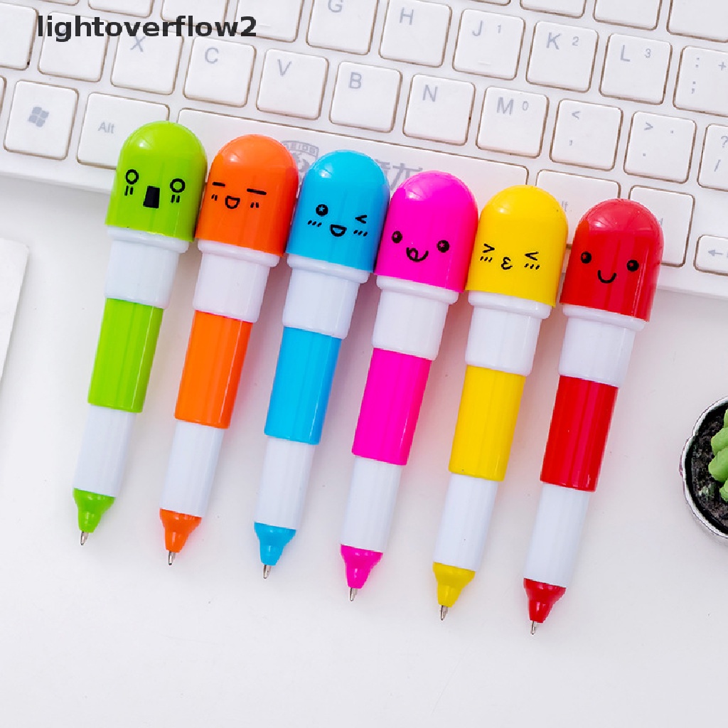 (lightoverflow2) 6pcs / Set Bolpen Teleskopik Bentuk Kapsul Motif Smiley Face Untuk Stationery