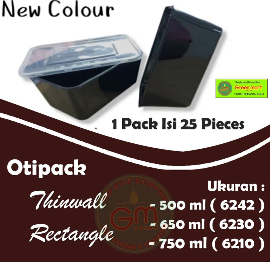 Thinwall Rectangle Persegi Kotak Plus Tutup Merk Oti Pack OT500 Warna Hitam 500 ml 1 Pack Isi 25 Box