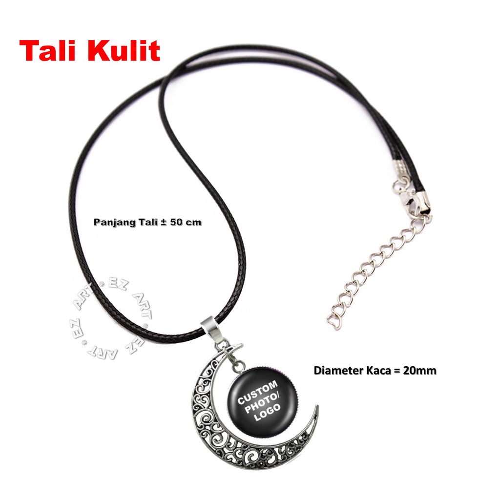 KALUNG CUSTOM LIONTIN BULAN SABIT FREE REQUEST FOTO GAMBAR SENDIRI KACA BULAT TALI KULIT RANTAI