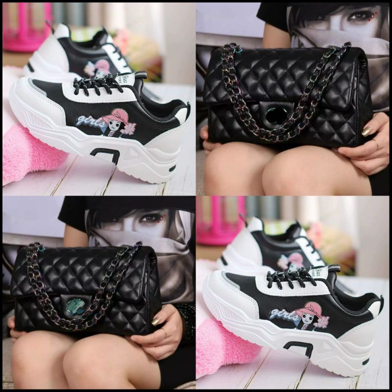 Paket sepatu sneakers wanita GIRLS dan tas rantai gaya korea