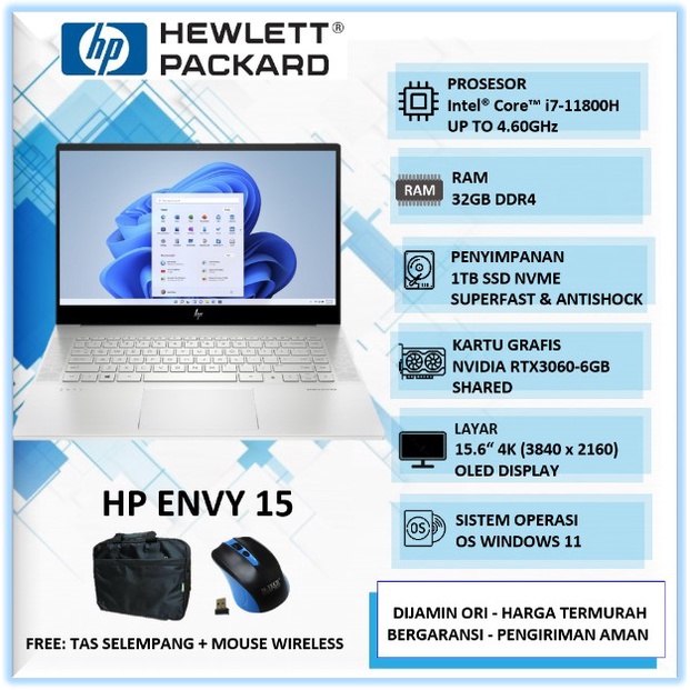 Laptop Gaming HP ENVY 15 4K OLED Intel i7 11800H 32GB SSD 1TB RTX3060 15.6" 4K OLED