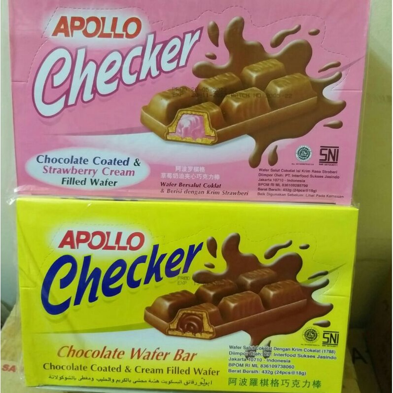 APOLLO CHECKER WAFER CHOCOLATE COKLAT  - STRAWBERRY WAFER BAR 432GR (24pcs@18gr)
