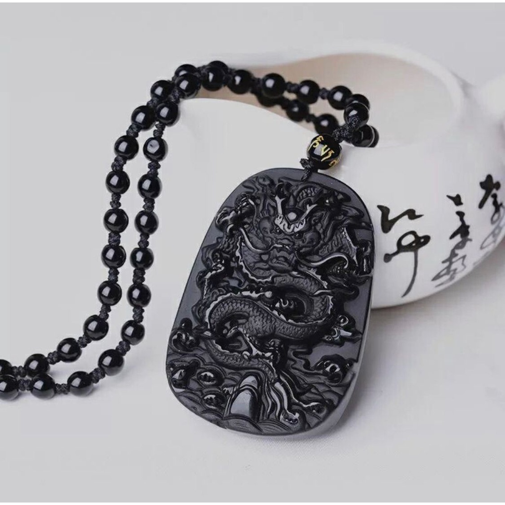 Kalung Liontin Batu Obsidian Natural Obsidian Black Chinese Dragon Pria Wanita