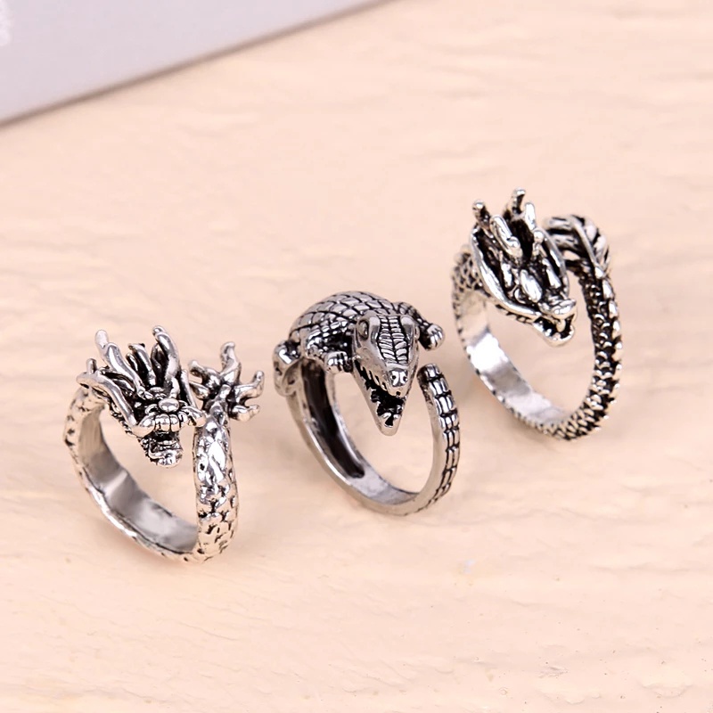 Cincin Model Terbuka Dapat Disesuaikan Desain Naga Hollow Gaya Vintage Punk Untuk Pria Dan Wanita