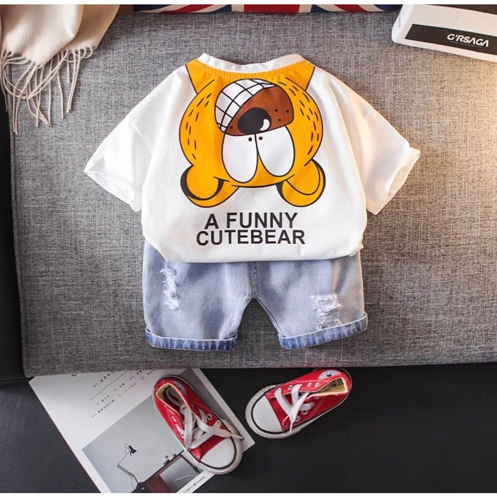 SETELAN KAOS ANAK MOTIF CUTE BEAR DENIM - PAKAIAN ANAK UMUR 6-10BLN 1-5THN UNTUK ANAK LAKILAKI DAN ANAK PEREMPUAN - TRENDY SAAT INI BAHAN COMBED CELANA DENIM PENDEK - ADEM DAN NYAMAN SAAT DIPAKAI ANAK SIBUAH HATI- GAMBAR KEREN DAN LUCU DIBAJU NYA KEKINIAN