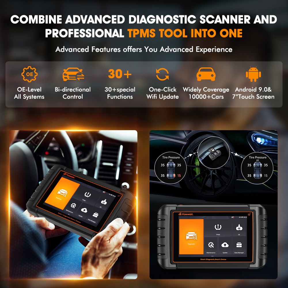 FOXWELL NT809TS OE-Level Obd2 Bluetooth Car Diagnostic Tool All Systems Odb2 Car Scanner With 30+ Maintenance Reset Functions And TPMS Services / Bi-Direction Control