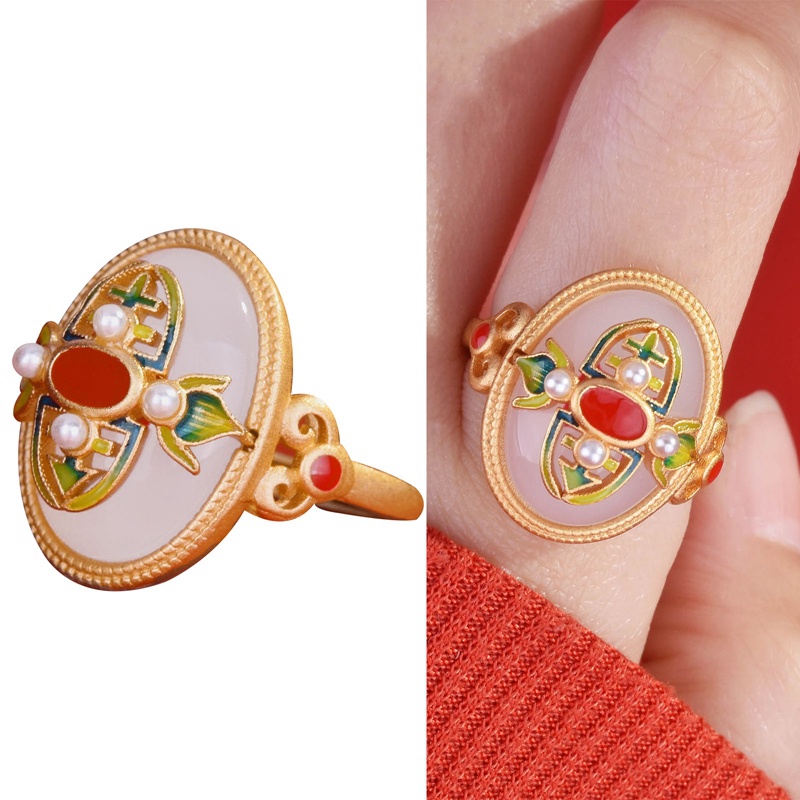 Fancyqube Cincin Model Terbuka Dapat Disesuaikan Bahan Enamel Silver Hias Giok Hetian Gaya China Retro Untuk Wanita