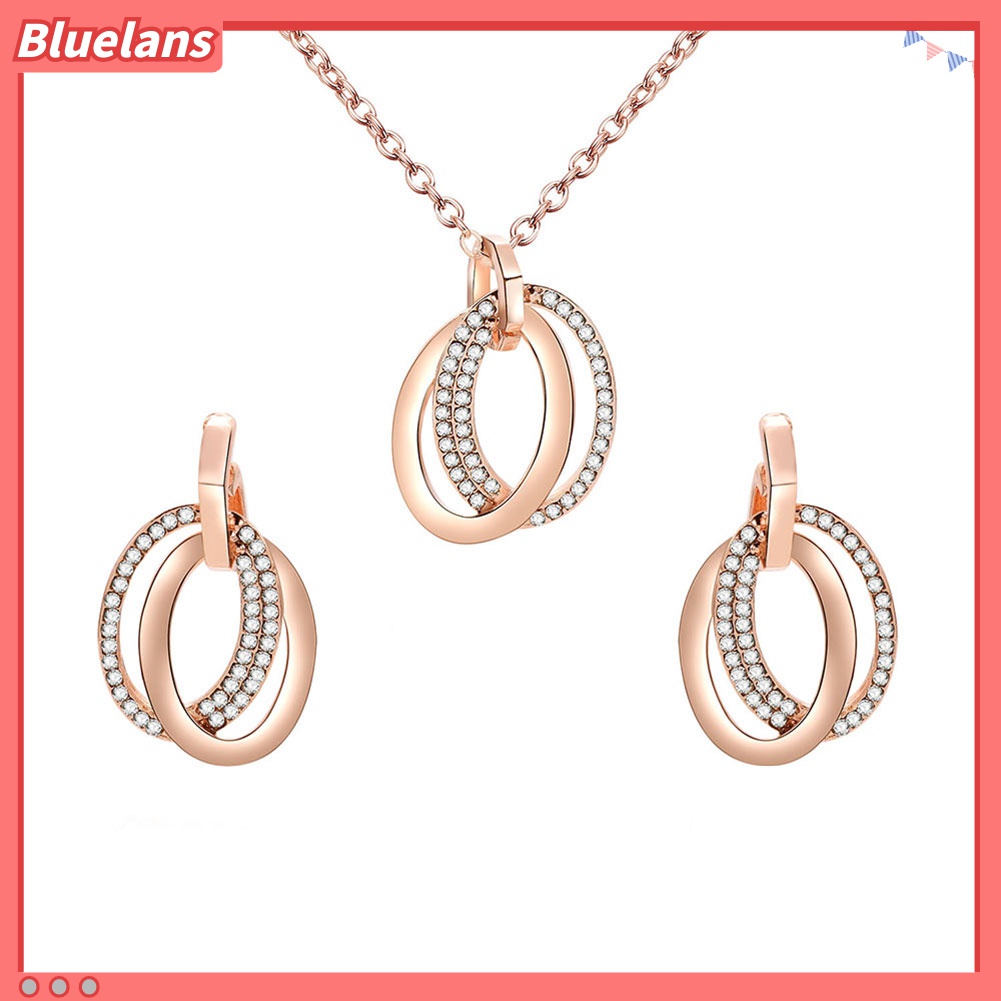 Set Perhiasan Kalung Anting Cincin Oval Ganda Hollow Aksen Berlian Imitasi Untuk Pernikahan