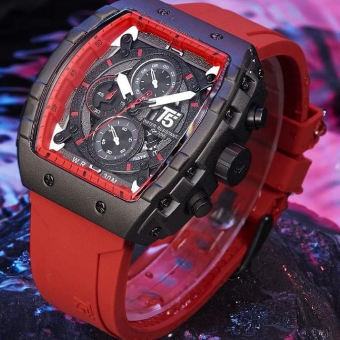 Jam Tangan Pria Original T5 Warna Merah Rubber Tokolembar