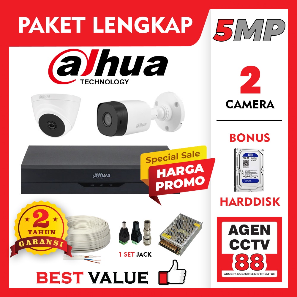 Paket CCTV DAHUA 2CH 2 Channel 5MP Ultra HD Lengkap + Kabel + Harddisk