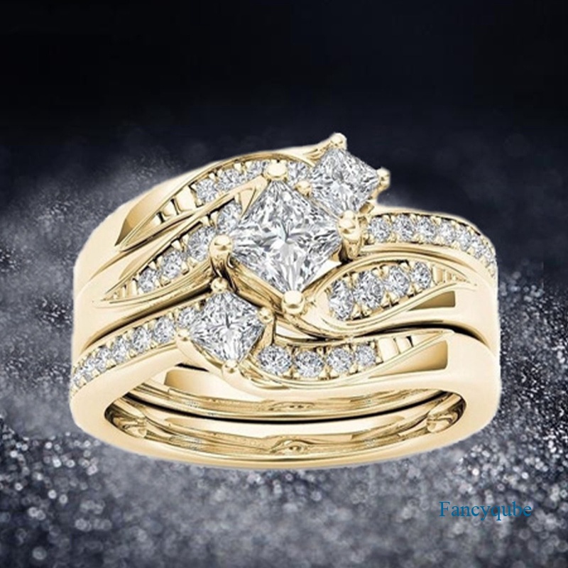Fancyqube 3Pcs / Set Cincin Kristal Zircon Warna Kuning Emas Ukuran 6-10 Untuk Hadiah Pernikahan Wanita