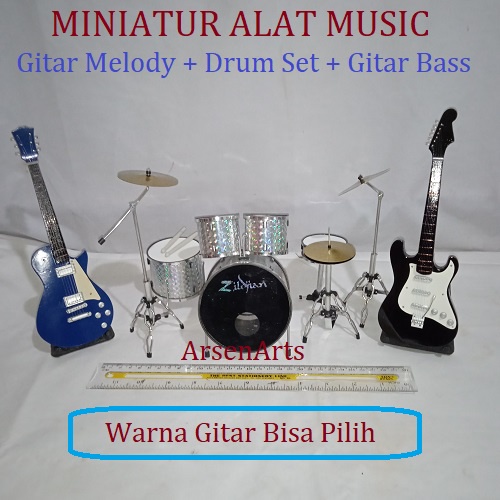 Satu Set Miniatur Alat Music Drum (Uk. Besar) dan 2 Gitar (Uk. Sedang) Ibanez/Fender Keren 99% Mirip Aslinya