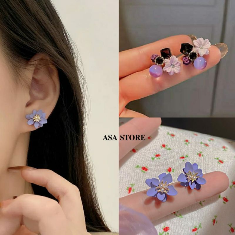 Anting Wanita Bunga Kristal UNGU//Anting Korea