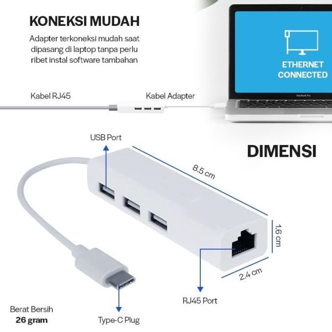 Type C 3.1 To USB HUB 3 Port and Lan/Ethernet Adapter-for Apple MAC