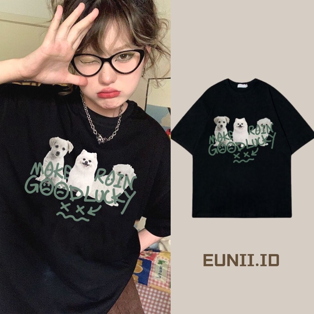 EUNII T-shirt Lengan Pendek Imut Anjing Pencetakan Longgar Korean Style/Kaos Atasan Wanita/Baju Kaus Oversize Wanita