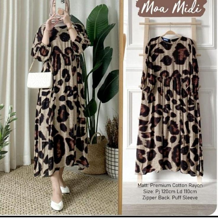 Murah Meriah MOA MIDI DRESS RAYON MOTIF LEOPARD MACAN LONG TUNIK VIRAL KEKINIAN BAJU REMAJA DAILY OU