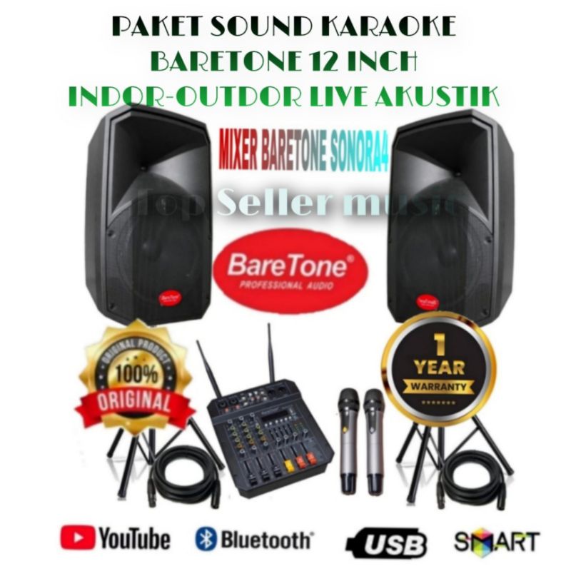 PAKET SOUND SYSTEM BARETONE 12 INCH AKTIF BUAT KARAOKE, LIVE AKUSTIK DLL MIXER SONORA + 2MIC WIRELES