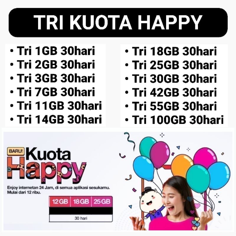 Paket Tri Kuota Happy 1GB 2GB 3GB 5GB 7GB 11GB 14GB 18GB 30GB 42GB 50GB 100GB