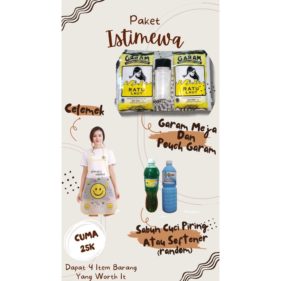 

: !!PROMO!! ‘Paket Istimewa’ “Garam Merk ‘Ratu Laut’, Souptineur, Celemek Emoji, Plus Botol Garam.”
