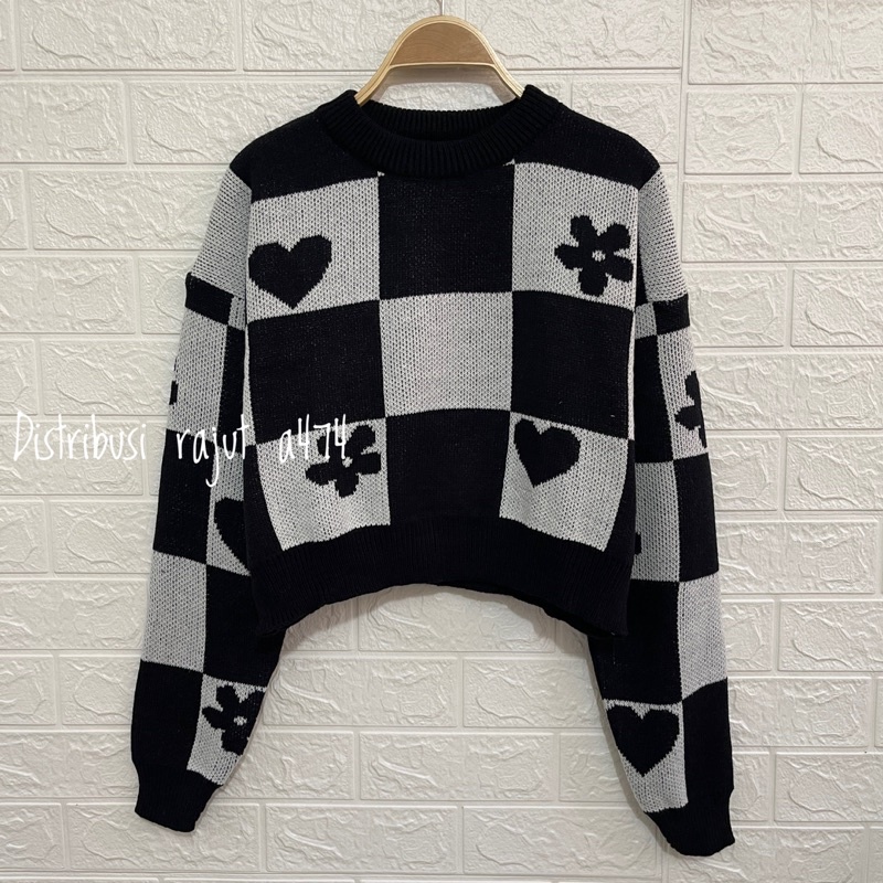 ELSA SWEATER RAJUT CROP MOTIF LOVE BUNGA KOTAK KOTAK LENGAN PANJANG