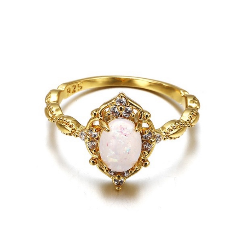 Goldkingdom Perhiasan Fashion Aksesoris Bangkok 24K Ready Stock Cincin Opal Wanita Lapis Emas Asli Kadar 375 Dengan Batu Permata Putih Moonlight Minimal