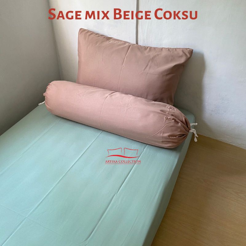 Sprei Estetik Two Tone Polos Pastel Green Sage Mix Beige Ukuran 120x200 160x200 180x200