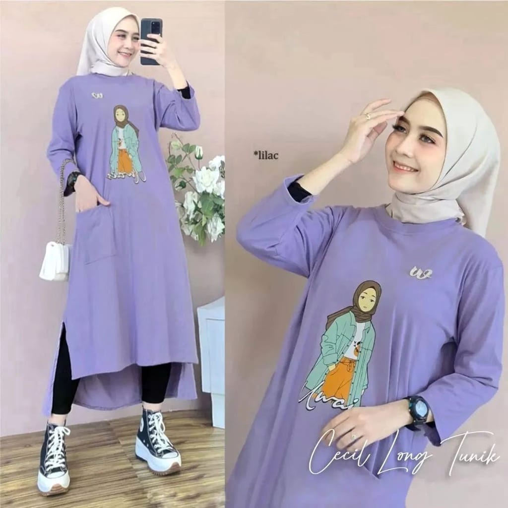 CECIL LONG TUNIK JUMBO COMBED 24s APLIKASI SABLON (UKURAN S, M, L, XL, XXL) LONG TUNIK JUMBO MUSLIM 