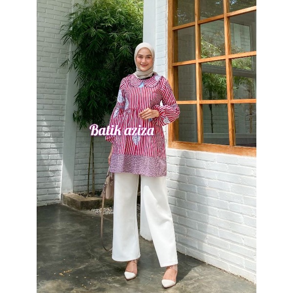 atasan batik wanita modern blouse kerja wanita lurik salur lengan balon resleting depan by batik aziza