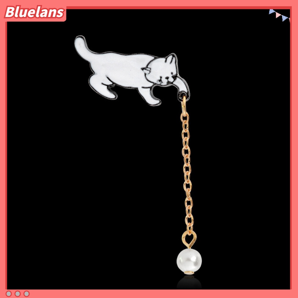 Bluelans Bros / Pin Bentuk Kucing dengan Rantai + Mutiara Imitasi untuk Aksesoris Perhiasan