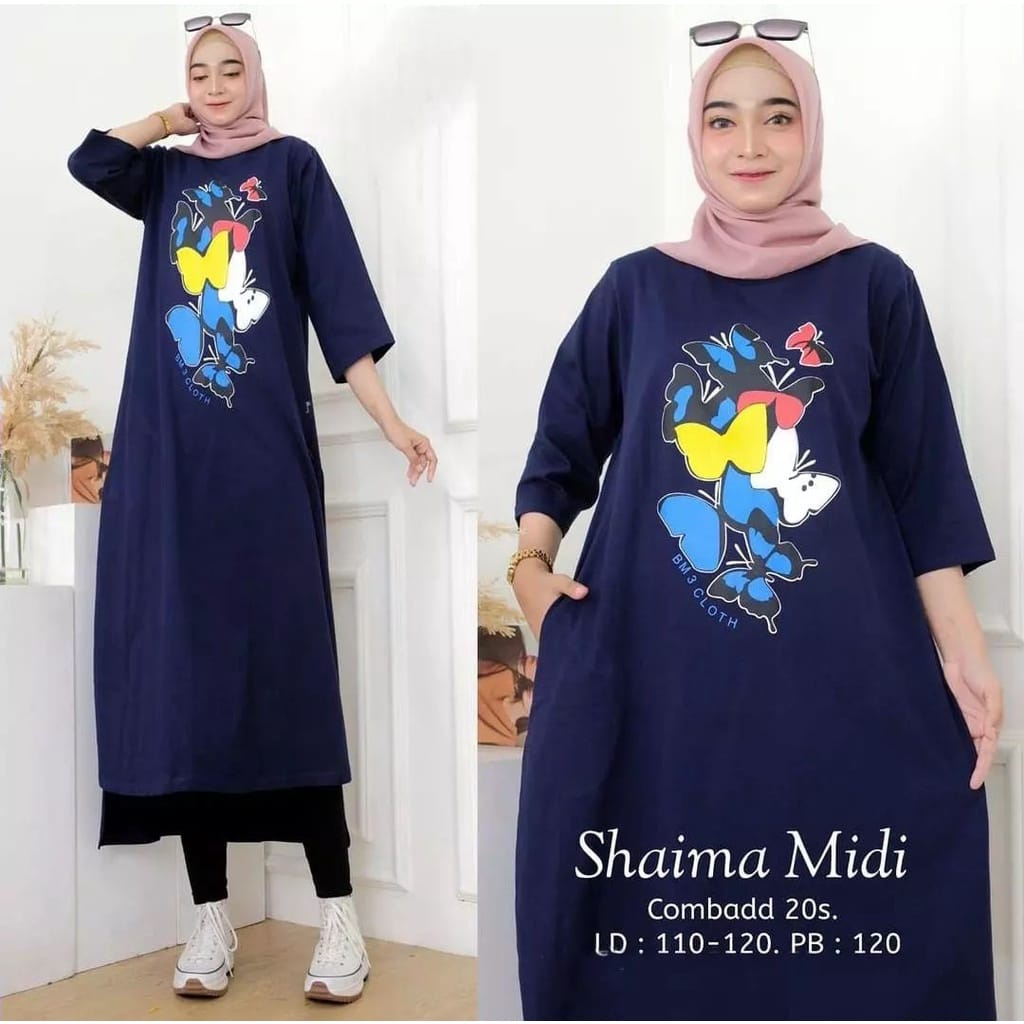 (HOT DEALS) SHAIMA MIDI DRESS Bahan Cotton Combed 20s Baju Dress Wanita Remaja Kekinian Modern Casual Lengan Panjang Midi Dress Formal Hijab Muslimah Top Simple Modis Terbaru 2022