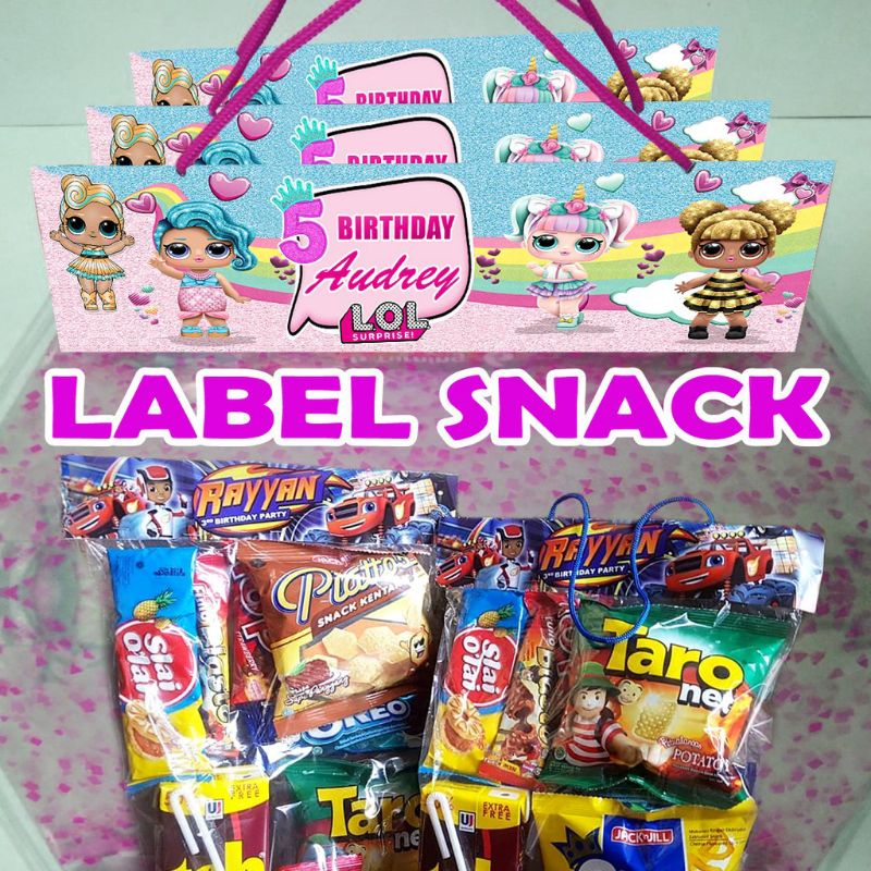 

Label snack ulang tahun/Souvenir/Hajatan anak/Free plastik/Ukuran plastik medium 20x30/Free Desain kartun