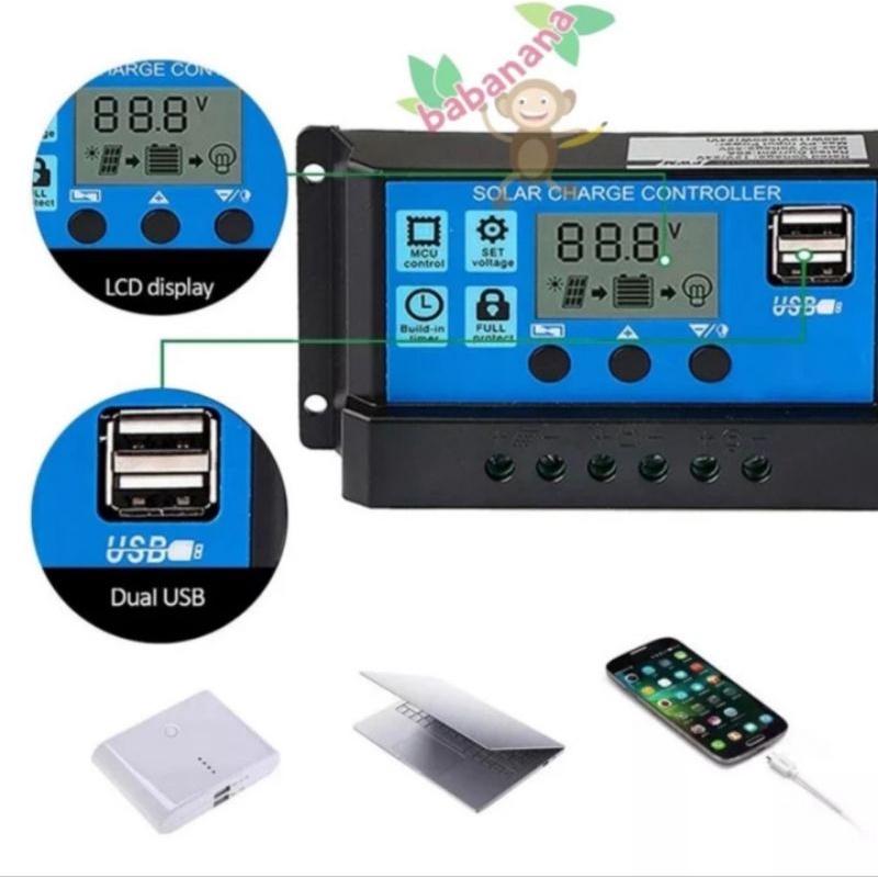 Solar Panel Charger 10A 12V 24V controller panel surya display usb