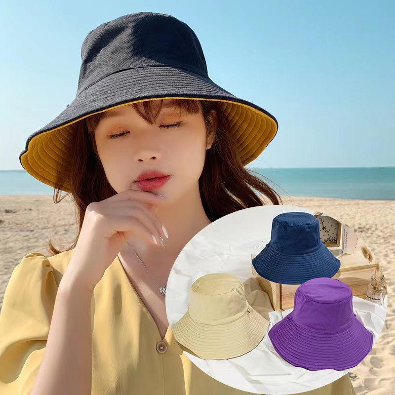 Topi Pantai Wanita Bolak Balik Topi Matahari Musim Panas Topi Ember Dilipat Anti UV